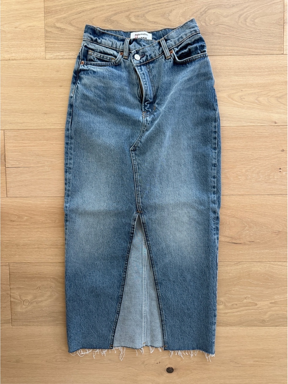 Reformation Nila Long Denim Skirt Galway Size 24 High Rise Crossover Maxi
